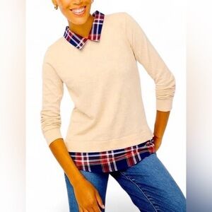 Women's J. Crew Woven Collar‎ Plaid Sweater XL Layered Casual Chic Preppy Cream